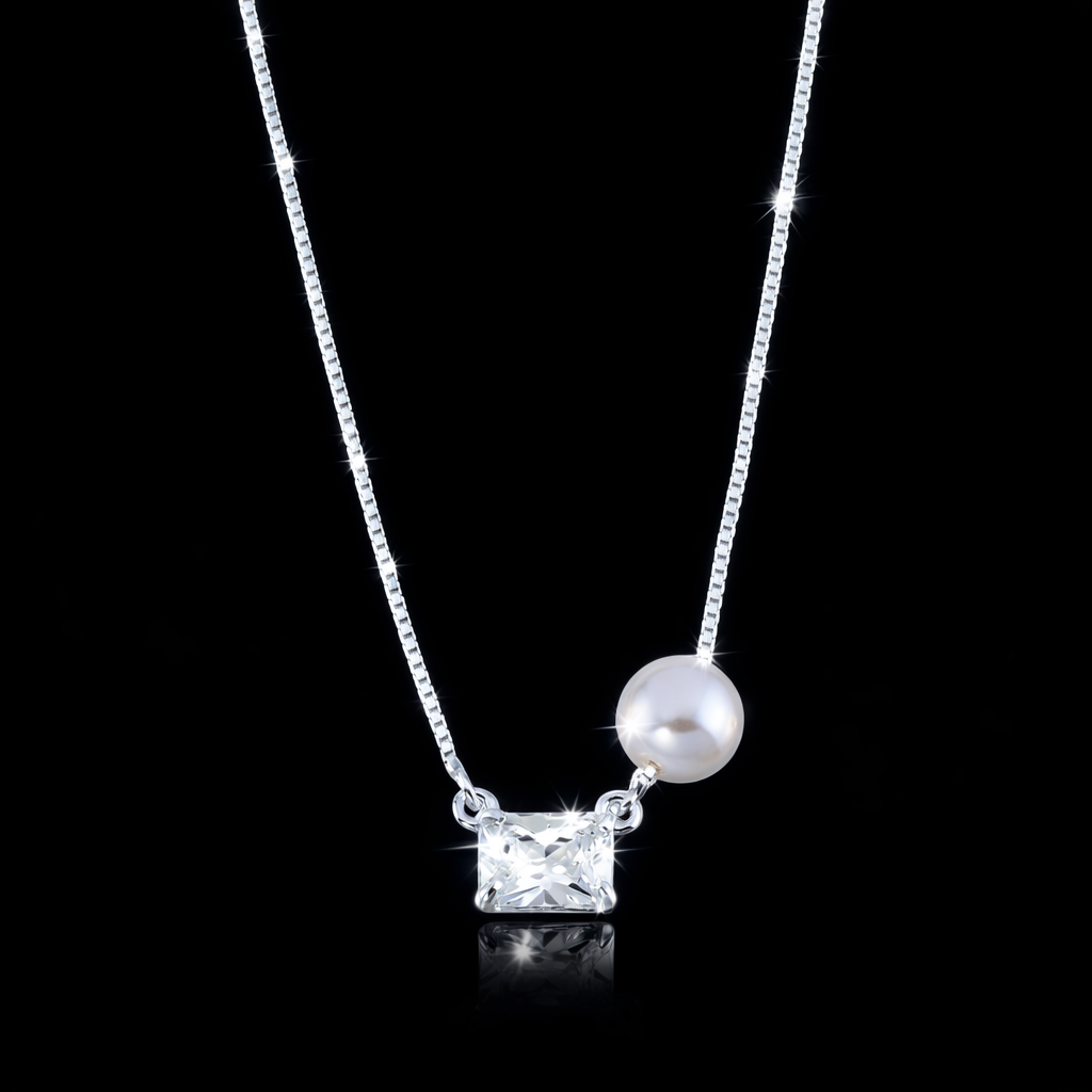 Escapulário em Prata 925 Perola e Pedra Retangular