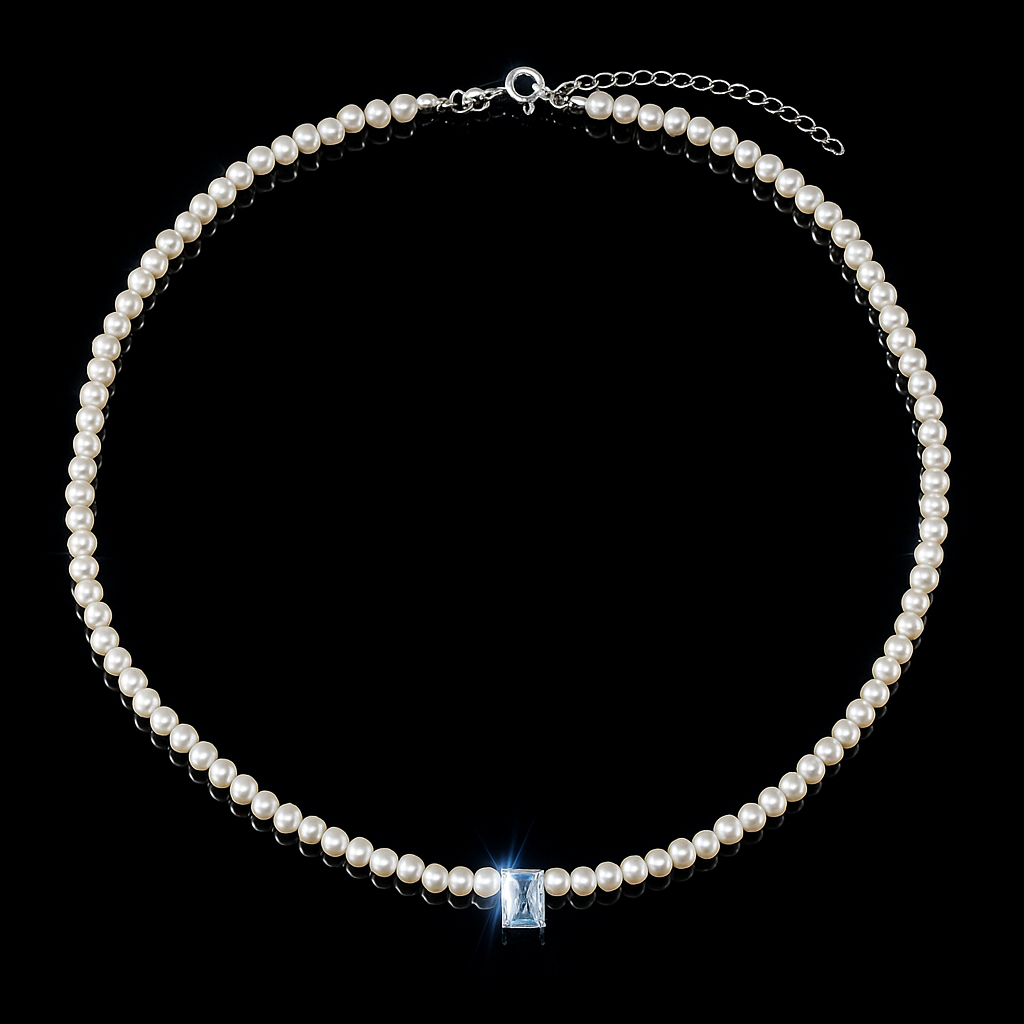 Gargantilha em Prata 925 Perolas e Pedra Retangular Cristal