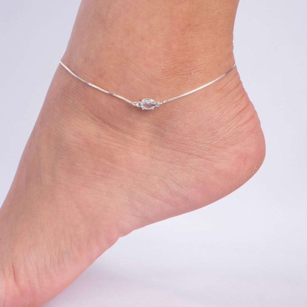 Tornozeleira em Prata 925 Pedra Oval Cristal