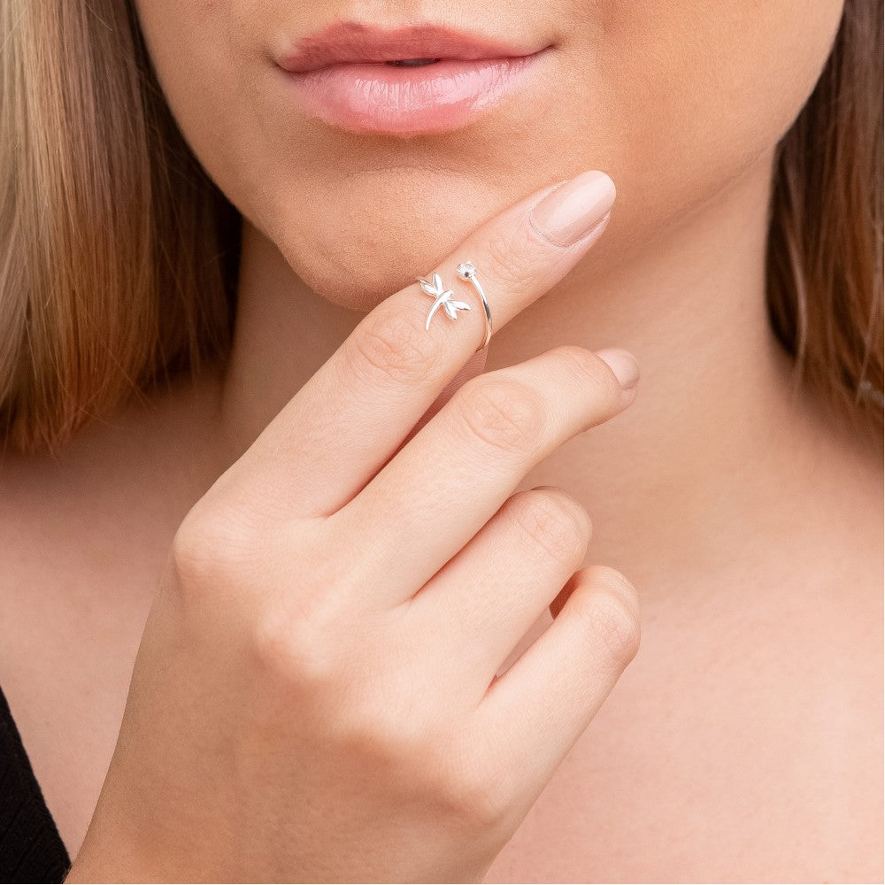 Anel Falange Regulável em Prata 925 Libélula Ponto de Luz