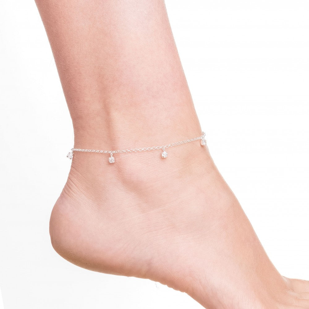 Tornozeleira em Prata 925 Pontos de Cristal