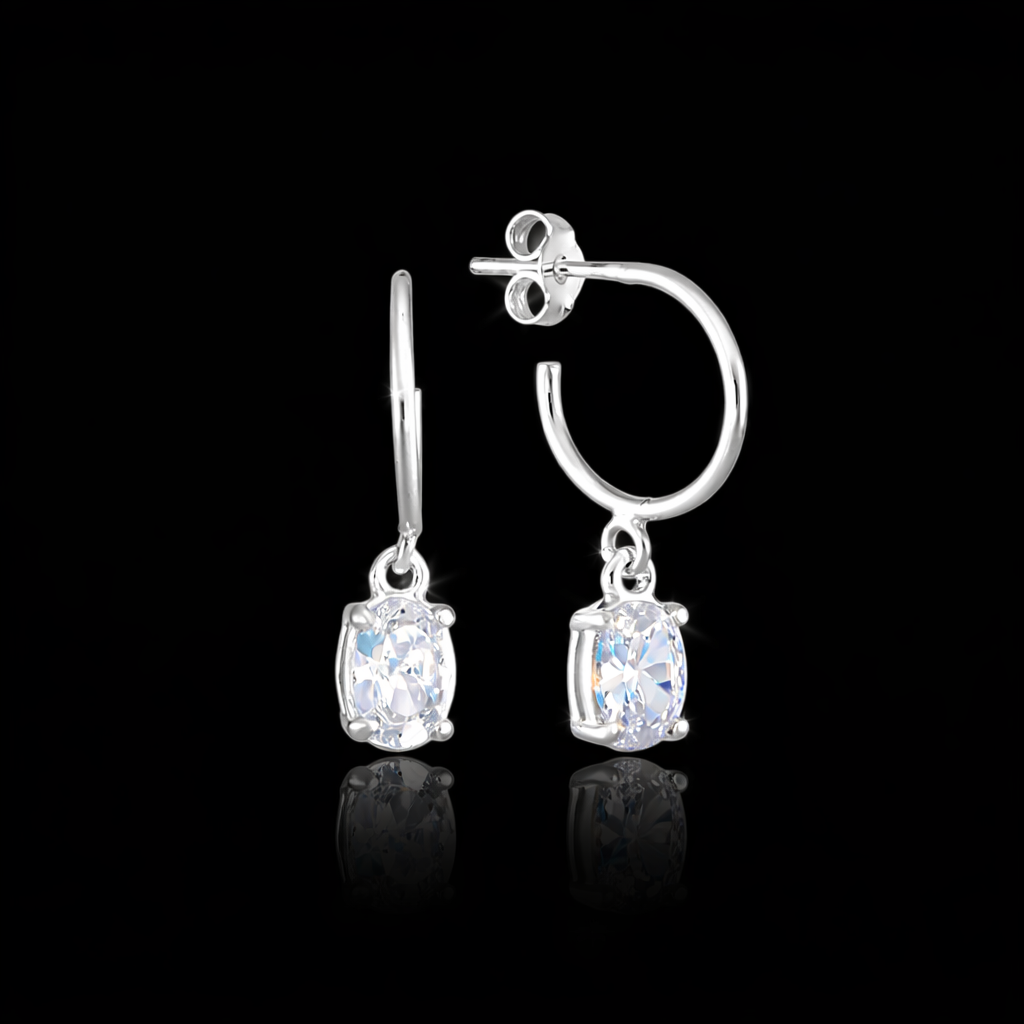 Brinco Argola em Prata 925 Pedra Oval Cristal