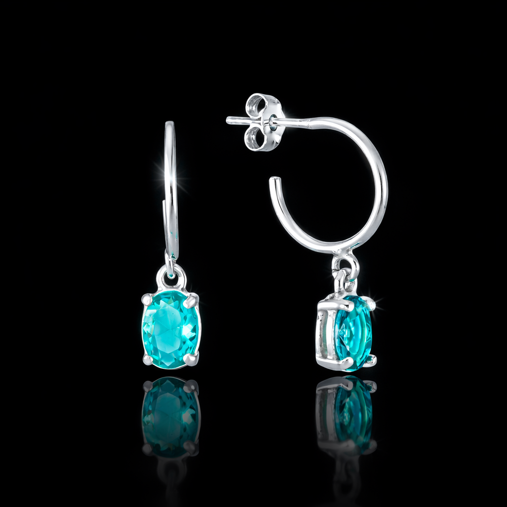 Brinco Argola em Prata 925 Pedra Oval Turmalina Paraíba