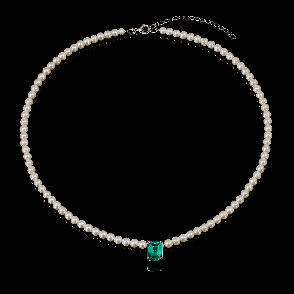 Gargantilha em Prata 925 Perolas e Pedra Retangular Turmalina Paraíba