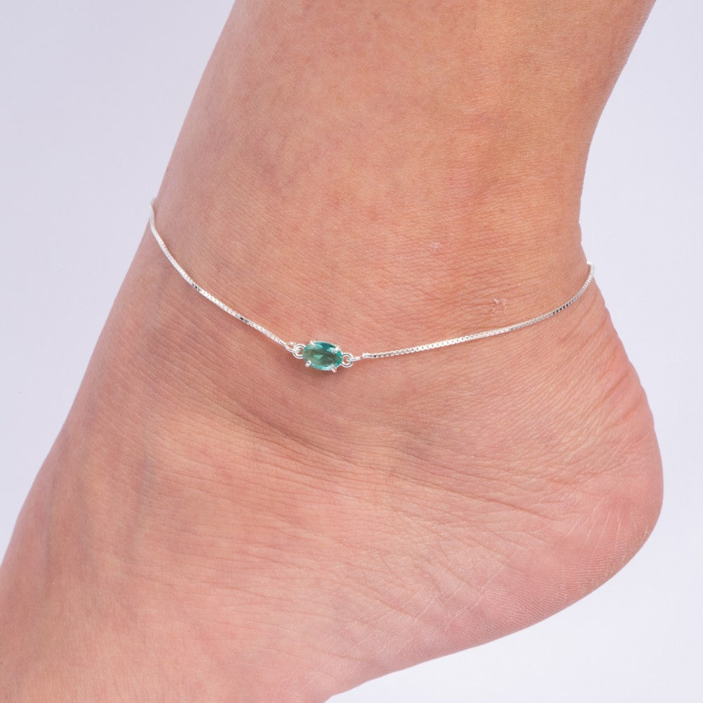 Tornozeleira em Prata 925 Pedra Oval Turmalina Paraíba