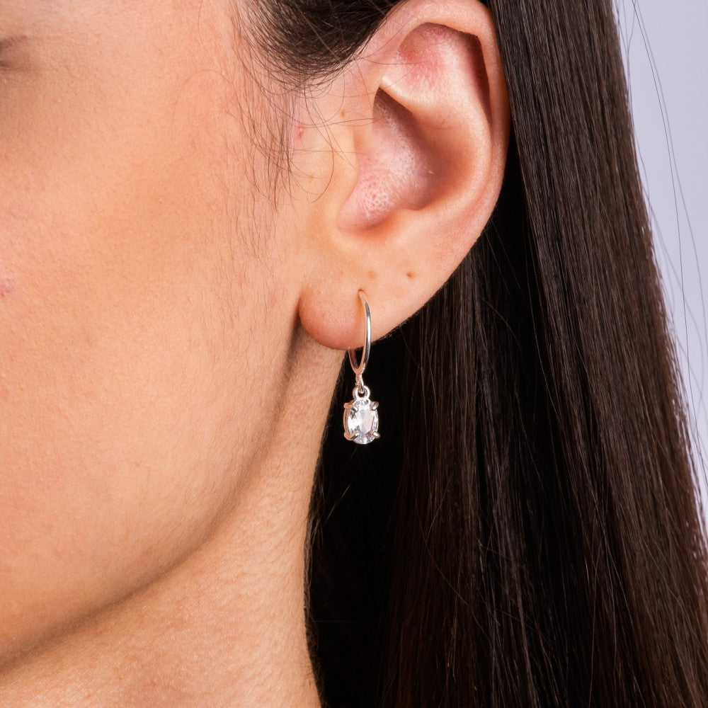 Brinco Argola em Prata 925 Pedra Oval Cristal