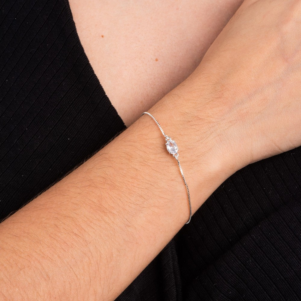 Pulseira em Prata 925 Pedra Oval Cristal